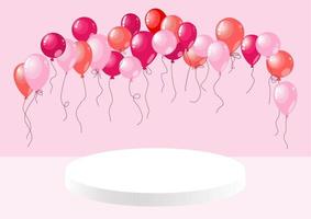 Celebration with podium and balloons. Wedding stage. Baby girl. Birthday party card. Pink balloons and white pedestal. Space for cosmetic products. vector