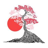 Japanese bonsai tree. Tree and sun icon. Bonsai silhouette vector illustration on isolated white background. Ecology, nature, bio concept. Sunset with tree silhouette. Design template.