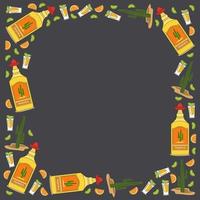 Frame or border. Tequila vector bottle and shot of tequila with lime and orange on a dark gray background. Cactus, sombrero, sand. Yellow, red, green. Card, post, wedding invitation, web banner.