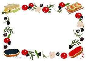 Banner or frame with breakfast ingredients on the side. breakfast menu design. vector illustration for a cafe or restaurant. flat hand drawn picture style. Sandwiches. Empty space.