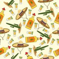 Tequila vector bottle and shot of tequila with lime on a light yellow background. Cactus, sombrero, sand. Yellow, red, green. Seamless pattern.