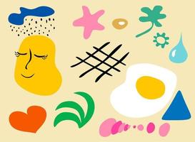 Abstract set of hand drawn various shapes and doodle objects on light yellow background. Colorful shapes. vector