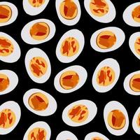 Seamless hand drawn boiled eggs pattern. Slices with yellow yolk. Black background. vector