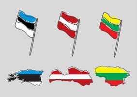 Stylized outline maps of estonia, latvia, lithuania with national flags icons. flag color map of baltic countries vector illustration.