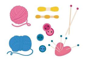 Cartoon cotton or wool yarn for knitting and cross stitch isolated vector illustration collection. Spokes and needles. Pillow for needles.