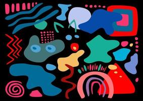 Big abstract set of hand drawn various shapes and doodle objects on black background. Colorful shapes. vector