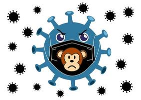 Monkeypox infectious disease outbreak of virus in a mask on a white background vector illustration. Monkey illustration on black mask. Microscopic viruses backdrop.