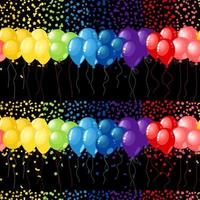 Balloons set vector red, pink, orange, yellow, green, blue and violet on black seamless background. Confetti. Rainbow colors.