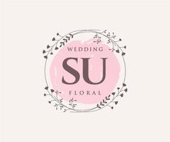 SU Initials letter Wedding monogram logos template, hand drawn modern minimalistic and floral templates for Invitation cards, Save the Date, elegant identity. vector