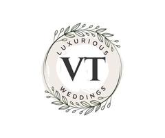 plantilla de logotipos de monograma de boda con letras iniciales vt, plantillas florales y minimalistas modernas dibujadas a mano para tarjetas de invitación, guardar la fecha, identidad elegante. vector