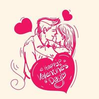 Happy Valentines Day Greeting Card Vector Illustration with Hugging Couple and Love Icon. Valentines Day Illustration, Template, Banner, Background Design. Couple Romantic Moment Line Art Drawing