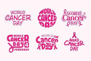 Ilustración de vector de letras y tipografía del día mundial del cáncer con cinta de color rosa. diseño de fondo de plantilla de banner de cartel de conciencia de cáncer