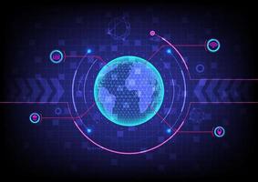 hi tech abstract background glowing 3d globe with dotted circle and outline Location line to various symbols There are multiple elements and grids on a blue gradient background. vector