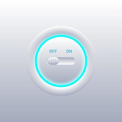 Minimal switch button Clean white with blue glowing rings on a gradient background.