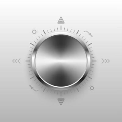 The stainless steel metal circle control switch button has a reflective shine. with periphery and elements, gray gradient background