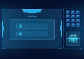 abstract screen technology has a numeric keypad and security system with fingerprint scanning for login into the system on a blue gradient background vector