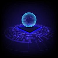 Background technology abstract electronic sphere floating above a 3D microchip glowing below The tech circle is at the bottom. on a blue gradient background vector