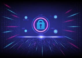 High-tech background, technology. Padlock. Information security system. For internet online, search and business. Binary numbers, circuits, glowing on blue gradient background. vector