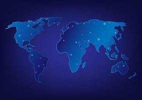 mapa del mundo de gradiente de tecnología abstracta hay una red en la superficie hay puntos y anillos brillantes. rojo y azul están dispersos alrededor de la intersección. sobre un fondo azul degradado vector
