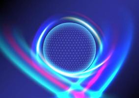 Glowing globe circle in blue hi-tech background with multi colored bright laser curved lines around it on blue gradient background. vector