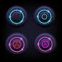 High-tech light button is a set of four pieces, blue, red, pink, with various symbols. centered on gradient background vector