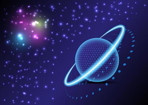 abstract background cosmos a glowing circle with a blue light ring. with a circle that is a point there are bright stars and nebulae on a blue gradient background.