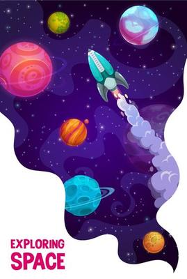 Galaxy exploring poster with rocketship, planets