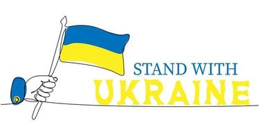 Stand with Ukraine. Hand holding waving flag of Ukraine. One continuous line drawing vector