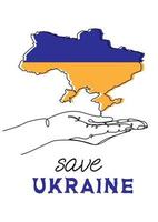 Save Ukraine. Continuous one line drawing of hand with Ukrainian map in blue and yellow colors of ukrainian flag vector