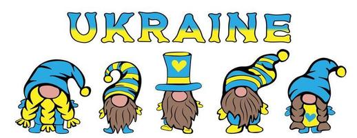 Set of cute gnomes in colors of flag of Ukraine. Hand drawn vector illustration