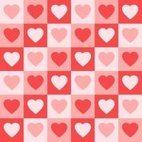 Monochrome seamless pattern with hearts on a checkered background. Modern retro illustration for decoration. Aesthetic vector print in style 60s, 70s. Pink colors