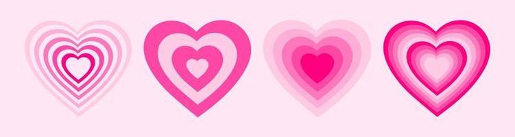 Vector set tunnel romantic hearts in pink colors. Retro background in style 70s, 80s. Concentric hearts isolated icons