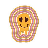 Retro groovy melting smiley face with rainbow background in style 60s, 70s. Vector illustration