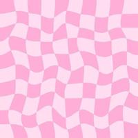 Twisted checkered colorful background. Abstract vector seamless pattern. Retro wavy psychedelic checkerboard. Pink colors