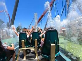 Man and woman on a roller coaster ride with emotion on their faces. photo