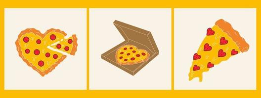 Set of three  Pizza in the form of a heart. Valentine's Day concept vector