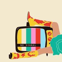 chica sostiene un viejo televisor en sus piernas. Estilo de moda retro de los años 80. ilustraciones vectoriales en colores de moda. vector