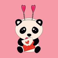 lindo pequeño panda sentado sostiene un sobre con corazones. personaje animal de dibujos animados para tarjetas de niños, baby shower, invitación, afiche, composición de camisetas, interior de la casa. ilustración de stock vectorial vector