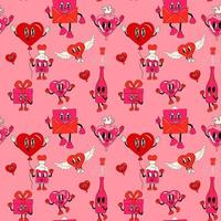 Seamless Pattern with Set Set of cute vector love stickers for daily planner and diary on dark background. 30s cartoon mascot character 40s, 50s, 60s old animation style.Valentine's Day concept
