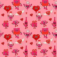 Seamless Pattern with Set Set of cute vector love stickers for daily planner and diary on dark background. 30s cartoon mascot character 40s, 50s, 60s old animation style.Valentine's Day concept