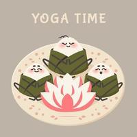 Cute onigiri in lotus pose meditating on plate. Asian food. Rice ball as japanese dish. Doodle drawn vector illustration for menu, poster, flyer, banner, cooking concept