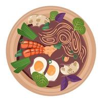 plato oriental nacional con fideos, camarones, huevos, champiñones. comida asiática aislada. cocina japonesa. ilustración dibujada en plano vectorial para menú, afiche, volante, pancarta, entrega, concepto de cocina vector