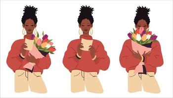 Set of young beautiful black women. African girl in fashionable clothes received flower delivery, reads romantic message. Love, birthday, romantic concept, Valentine's Day, Women's day. Vector