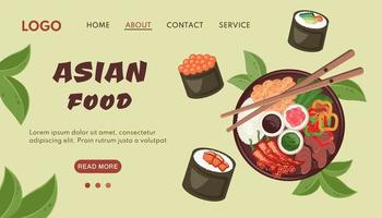 Asian food banner. Traditional oriental dish closeup with nigiri sushi, rice, meat, chilli pepper, soya beans, chopsticks, sauce, vassabi.  Vector illustration for restaurant menu, cooking concept