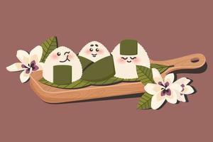 comida japonesa nacional. onigiri feliz de dibujos animados. bolas de arroz con nori, flores de sakura. ilustración vectorial dibujada por garabatos para menú, afiche, volante, pancarta, concepto de cocina vector