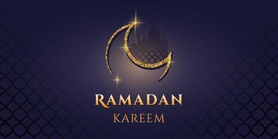 Ramadan greeting card with mosque silhouette, gold moon, pattern. Realistic 3d banner for celebration Holy Month of Muslim Community. Islamic National religious holiday. Eid mubarak banner. Vector