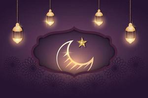 3d background with Golden moon, lantern for celebration holy month of the Muslim community. Ramadan Kareem. Vector illustration for card, invitation, poster, banner