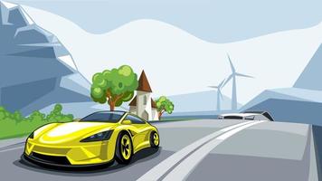 Sport car rushes along the road with a beautiful European landscape in Alps. vector