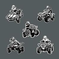 Set of five one color quad bikes in different angles on dark background. vector