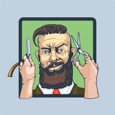 Fashionable bearded man with a beautiful haircut in a suit with two hands who cut and shave him.